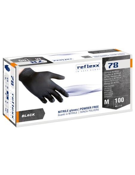 Conf 100 Guanti in nitrile R78 s/polvere tg M nero Reflexx R78/M Reflexx GUANTI DI PROTEZIONE