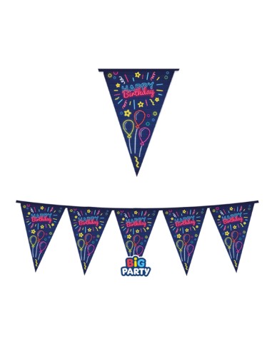 Festone bandiere Happy Birthday neon lungh.3mt Big Party 76812