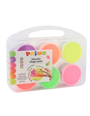 Valigetta 6 colori a dita 100gr c/pennello colori assortiti fluo Primo 2214TD6FLUO PRIMO ACQUERELLI-COLORI A DITA
