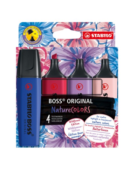 Astuccio 4 evidenziatori Stabilo Boss NatureColors Wildflowers cipria/blu elettr 70/4-1-103-5