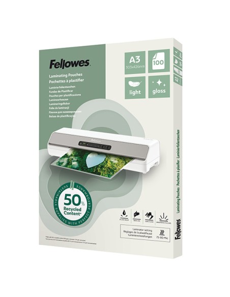 Scatola 100 pouches riciclate 80mic A3 Fellowes 100142988 FELLOWES POUCHES PER PLASTIFICARE