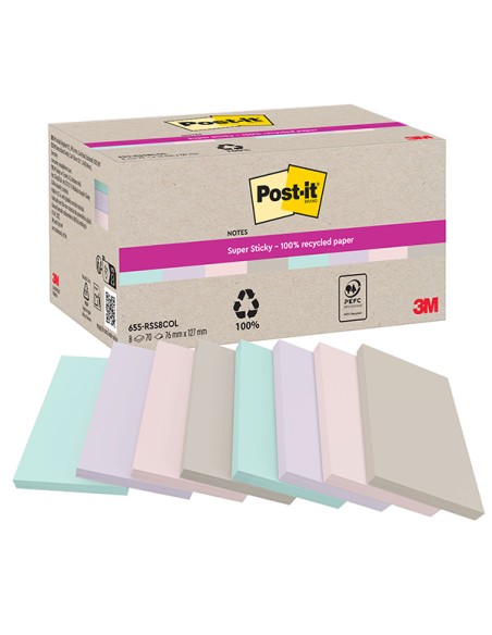 Cf. 8pz blocco 70fg Post-it®SuperSticky carta riciclata 76x127mm 622R-SS8COL ass 7100374575