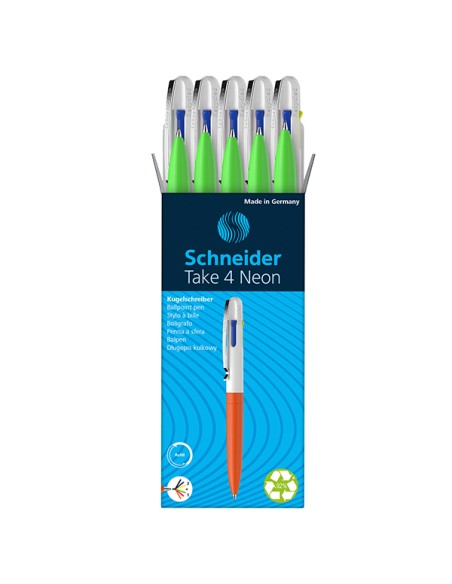 Penna a sfera Take 4 a quattro colori punta M fusto verde fluo Schneider P138124