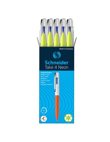 Penna a sfera Take 4 a quattro colori punta M fusto giallo fluo Schneider P138125