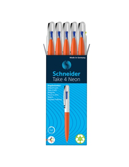 Penna a sfera Take 4 a quattro colori punta M fusto arancione fluo Schneider P138126