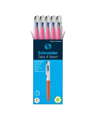 Penna a sfera Take 4 a quattro colori punta M fusto rosa fluo Schneider P138129