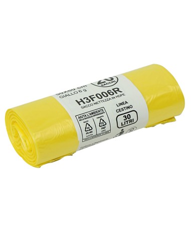 20 Rotoli sacchi rifiuti 30L 50x60cm 15my HDPE giallo Bio Extrusion H3F006R
