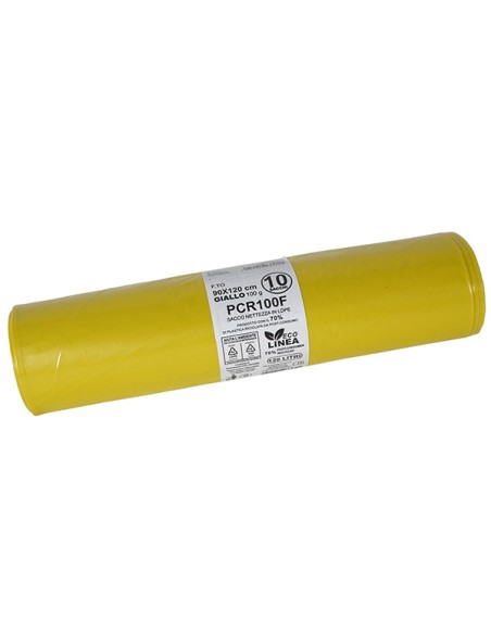 10 Rotoli sacchi rifiuti PCR 120L 90x120cm 100gr giallo Bio Extrusion PCR100F