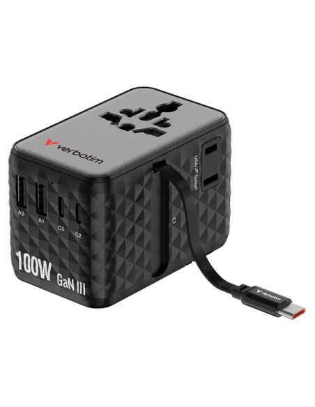 Adattatore da viaggio universale GaN III con cavo USB-C retrattile - Nero_Verbat 30191 VERBATIM ADATTATORI-CARICATORI DA VIAG...