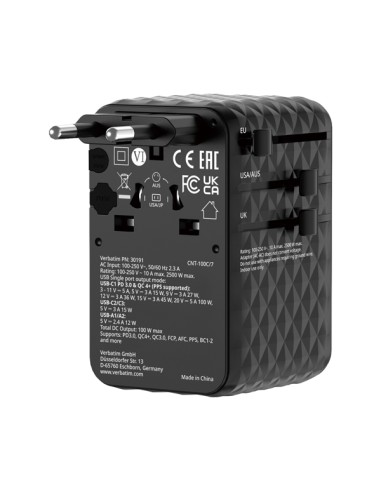 Adattatore da viaggio universale GaN III con cavo USB-C retrattile - Nero_Verbat 30191 VERBATIM ADATTATORI-CARICATORI DA VIAG...