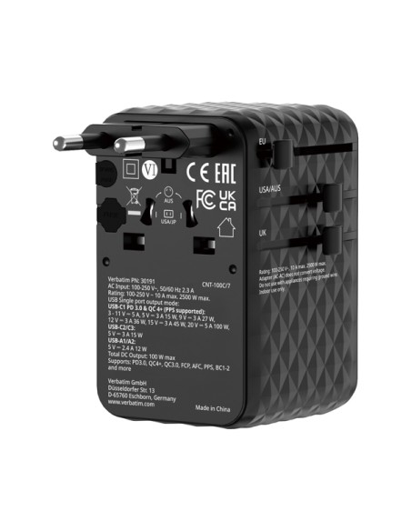 Adattatore da viaggio universale GaN III con cavo USB-C retrattile - Nero_Verbat 30191 VERBATIM ADATTATORI-CARICATORI DA VIAG...