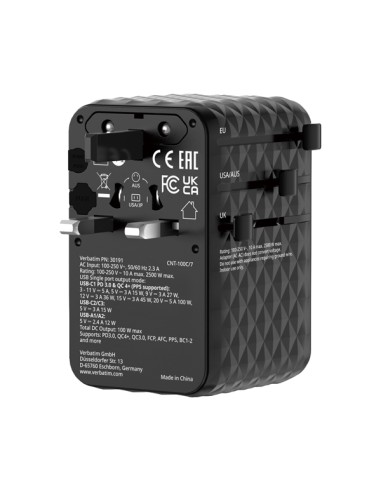 Adattatore da viaggio universale GaN III con cavo USB-C retrattile - Nero_Verbat 30191 VERBATIM ADATTATORI-CARICATORI DA VIAG...