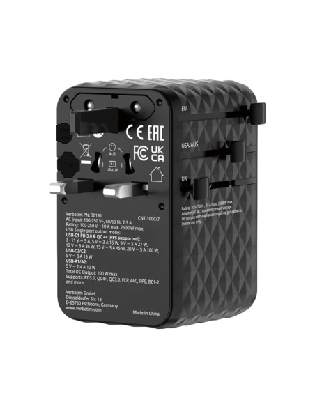 Adattatore da viaggio universale GaN III con cavo USB-C retrattile - Nero_Verbat 30191 VERBATIM ADATTATORI-CARICATORI DA VIAG...