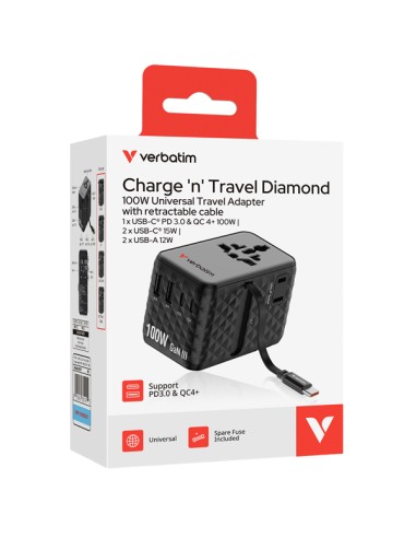Adattatore da viaggio universale GaN III con cavo USB-C retrattile - Nero_Verbat 30191 VERBATIM ADATTATORI-CARICATORI DA VIAG...