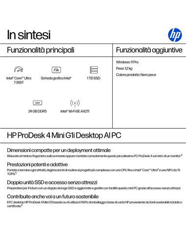 HP ProDesk 4 G1i AI PC Intel Core Ultra 7 265T 24 GB DDR5-SDRAM 1 TB SSD Windows 11 Pro Mini PC Nero