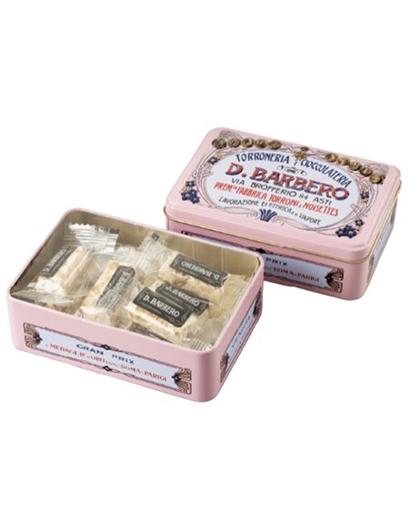 Scrigno regalo rosa in metallo con torroni bianchi friabili 100gr Barbero METT D. Barbero PASTICCERIA E STRENNE